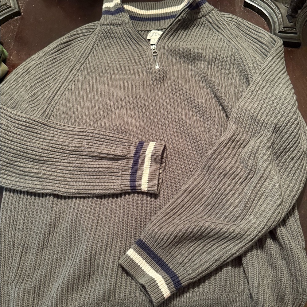 J. Crew Men's Green Ribbed Half-Zip Sweater with Navy and Cream Trim